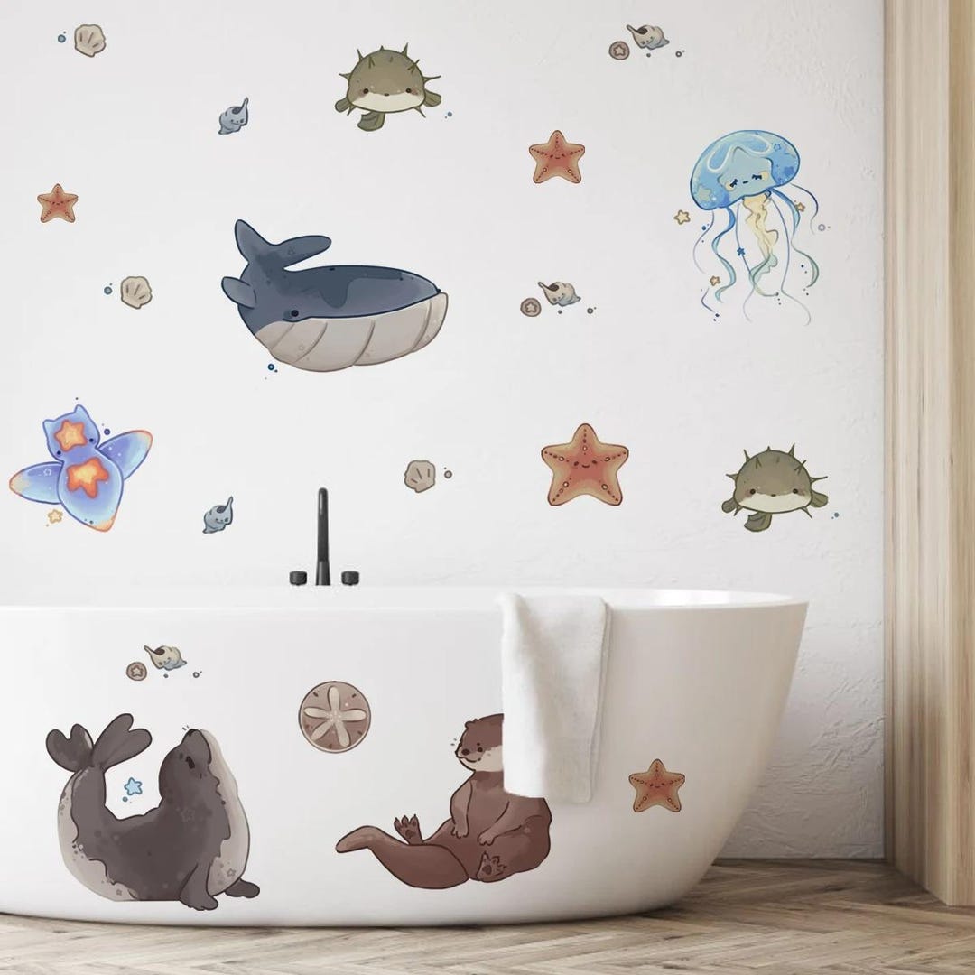 Boho Ocean Animals Wall Decal Cute Whale Jellyfish & Otter Nursery ...
