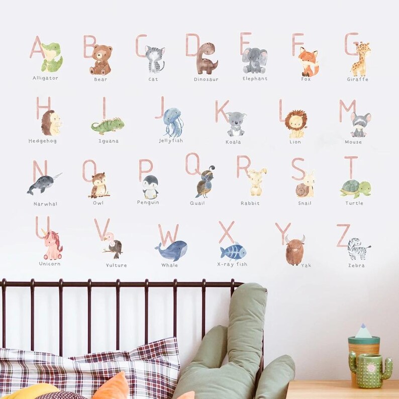 Children's Room Wall Sticker Watercolor Watercolor ABC Animal Alphabet ...