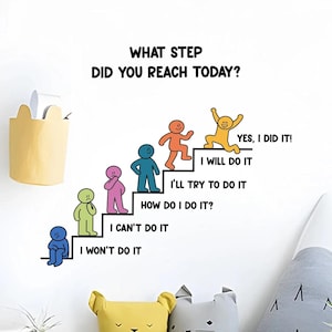May include: A motivational wall sticker showing a staircase with stick figures at different stages of progress. Text reads "What step did you reach today?" with phrases like "I won't do it" to "Yes, I did it!" included.