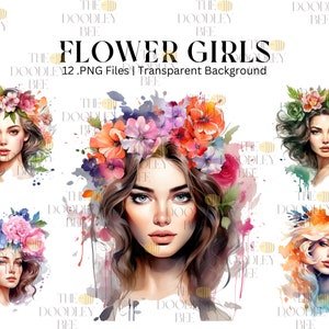 Imágenes prediseñadas de mujer joven de acuarela, paquete de imágenes prediseñadas de caras de flores, modelo de niña hermosa, imágenes prediseñadas de Boho, ilustración de moda, arte de papel