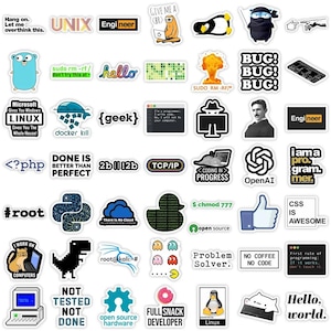 Op de afbeelding: Een verzameling kleurrijke stickers met tech-gerelateerde thema's. Ontwerpen bevatten tekst zoals "UNIX", "Linux" en "Hello, world", samen met verschillende pictogrammen en afbeeldingen met betrekking tot coderen en informatica.