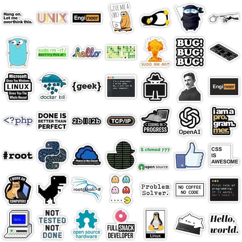 Op de afbeelding: Een verzameling kleurrijke stickers met tech-gerelateerde thema's. Ontwerpen bevatten tekst zoals "UNIX", "Linux" en "Hello, world", samen met verschillende pictogrammen en afbeeldingen met betrekking tot coderen en informatica.