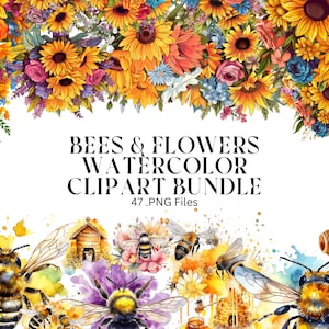 47 Bees and Flowers PNG Clipart bundle, commercial use, digital download, transparent, digital planner, Sublimation, Home décor print