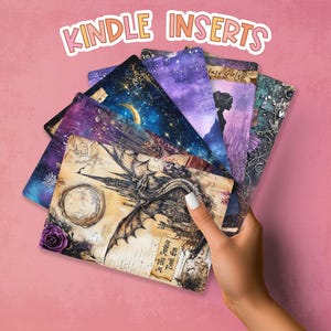 May include: A collection of Kindle inserts with fantasy-themed designs. The inserts feature illustrations of dragons, celestial bodies, and silhouettes, with a variety of colors including purple, blue, and beige. The text "Kindle Inserts" is displayed at the top.