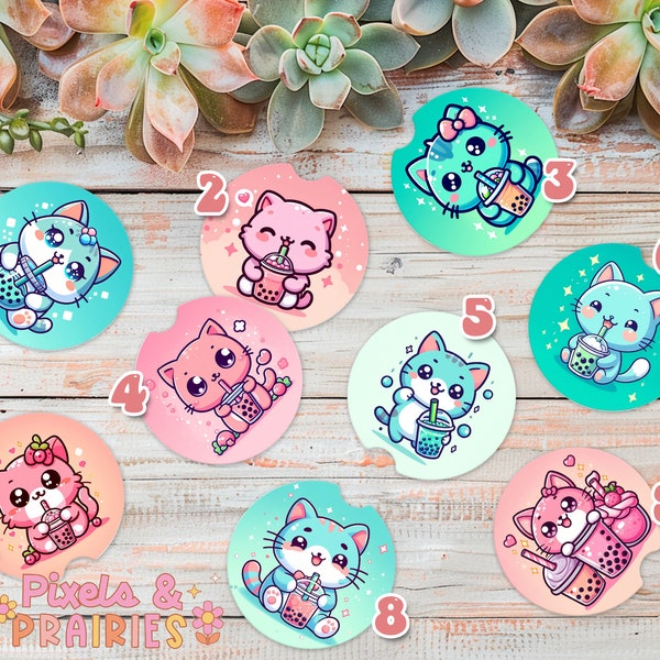 Boba Kitty Car Coasters, Set of 2 Kawaii Cat, Cute Car Accessories, Boba Tea Animal Car Decor, Kitten Car Stuff, Car Coaster Gift for Her