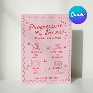 Könnte beinhalten: Eine rosafarbene Einladungskarte mit rotem Rand und dem Text "Progressive Dinner" mit Herzen und Sternen. Die Karte listet die Uhrzeit, den Namen und die Adresse für Cocktails, Vorspeisen, Abendessen und Dessert auf. Der Text enthält auch das Datum "Samstag, 24. April" und die RSVP-Nummer "555-456-7890".