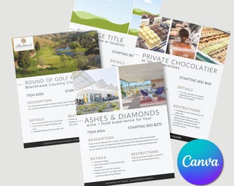 May include: Three different auction item cards for a charity event. The first card is for a round of golf at Blackhawk Country Club. The second card is for a wine and food experience at Ashes & Diamonds Winery. The third card is for a private chocolate tasting at a chocolatier.