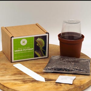 May include: A Venus Flytrap seed kit, featuring a cardboard box with a green and white label, a small brown pot with a clear plastic cover, a bag of soil, a seed packet, and a plant marker. The box reads "Grow Your Own Venus Flytrap".