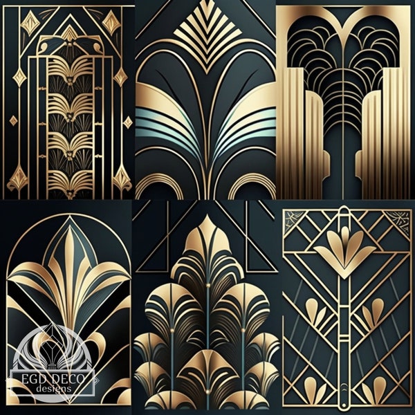 Art Deco Digital Pattern Design: high resolution for printing, individual image retro art deco pattern in black and gold instant download