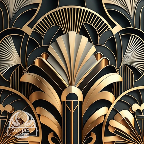 Art Deco Digital Pattern Design: high resolution for printing, individual image retro art deco pattern in black and gold instant download