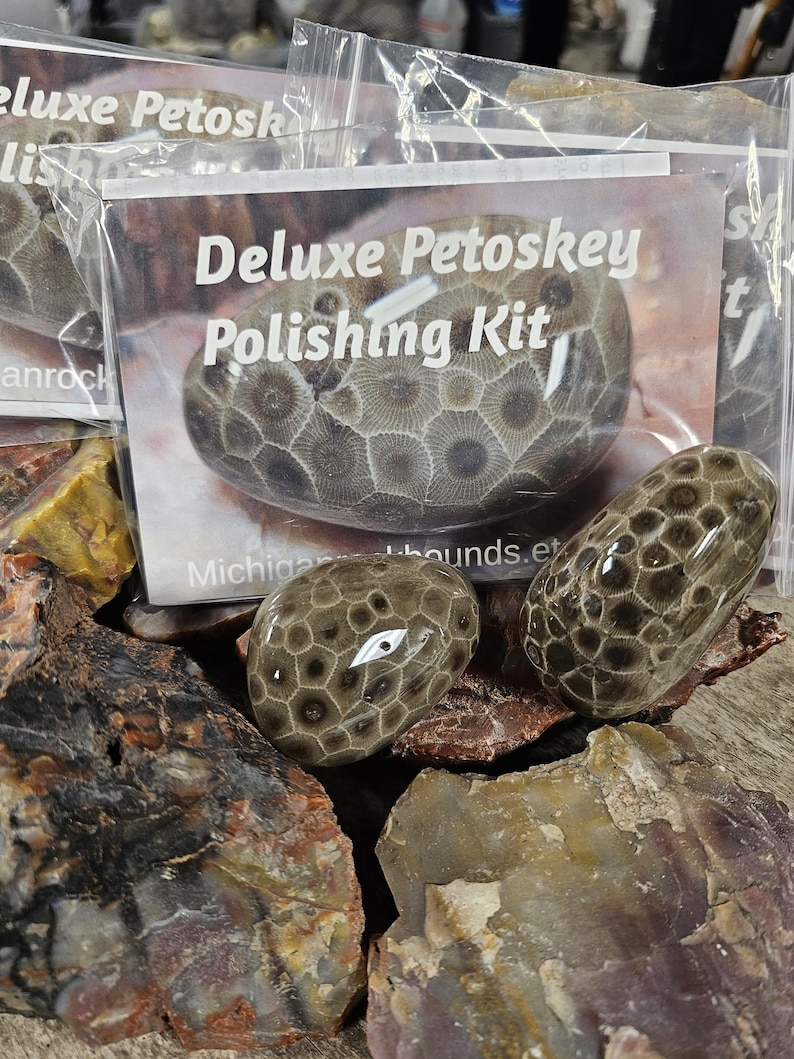 May include: Deluxe Petoskey Polishing Kit with polished Petoskey stones. The kit includes a clear plastic bag with the words "Deluxe Petoskey Polishing Kit" printed on the front. The stones are gray and brown with a unique pattern.