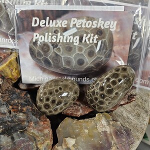 May include: A Deluxe Petoskey Polishing Kit is displayed with three polished Petoskey stones. The stones are oval-shaped with a distinctive honeycomb pattern in shades of brown and gray. The kit is packaged in a clear plastic bag with the text "Deluxe Petoskey Polishing Kit".