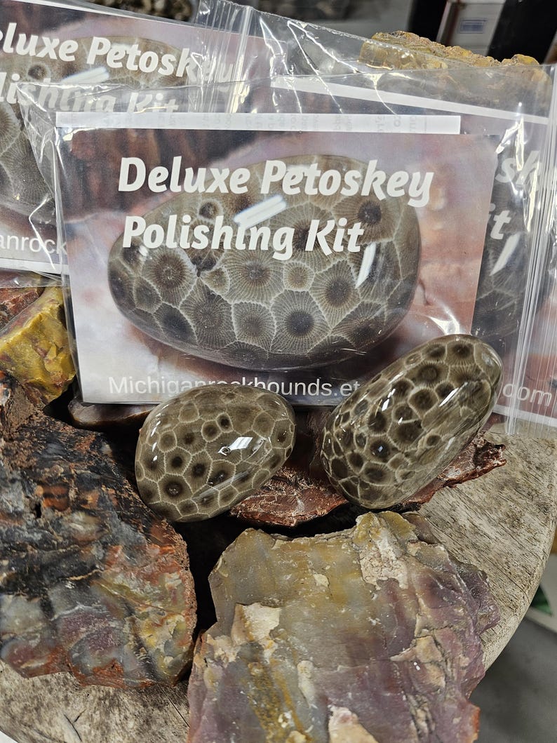 May include: A Deluxe Petoskey Polishing Kit is displayed with three polished Petoskey stones. The stones are oval-shaped with a distinctive honeycomb pattern in shades of brown and gray. The kit is packaged in a clear plastic bag with the text "Deluxe Petoskey Polishing Kit".