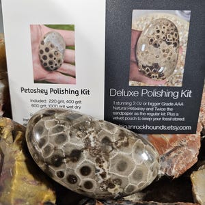 May include: A polished Petoskey stone with a distinctive pattern of fossilized coral, displayed with two informational cards. The cards advertise a Petoskey Polishing Kit and a Deluxe Polishing Kit, highlighting the stone's size and grade. The stone is a light brown color.