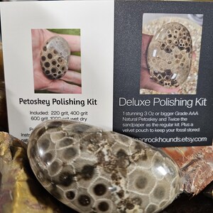 May include: A polished Petoskey stone with a distinctive honeycomb pattern, displayed with two cards advertising polishing kits. The cards show images of the stones and list kit contents. The Deluxe kit includes a velvet pouch. The Etsy shop name is visible.
