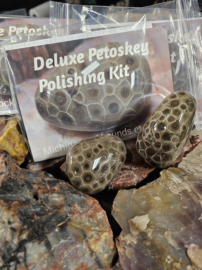 May include: A Deluxe Petoskey Polishing Kit is displayed with three polished Petoskey stones. The stones have a distinctive honeycomb pattern in shades of brown and gray. The kit includes a card with the text "Deluxe Petoskey Polishing Kit".