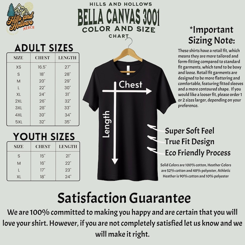Puede incluir: Camiseta negra Bella Canvas 3001 colgada de una percha de madera. La imagen incluye una tabla de tallas con medidas de pecho y largo en cm para tallas de adulto y juvenil. El texto de la camiseta dice "Chest" y "Length".