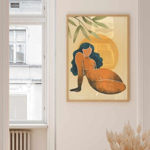 Schwarze Frau Wandbild, feministisches Boho Portrait mit Sonne und Blättern - selbstbewusste, kurvige Figur Print für empowernde Geschenke & modernes Wohndekor