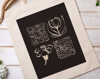 Floral Tote Bag, Canvas Tote Bag, Aesthetic Shoulder Bag, Art Tote Bag, Art Canvas Bag, Black And White Tote Bag