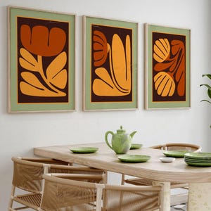 Retro Blumen Wand Kunst, 3er-Set Prints, Bunte Mid Century Kunst, Groovy Wandkunst, Retro Poster, Eklektisches 70er Jahre Dekor, Florale Wandkunst