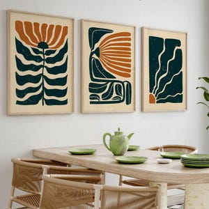 Set di 3 stampe da parete floreali retrò - Stampe astratte ispirate a Matisse, decorazioni boho anni '70, poster botanici moderni di metà secolo