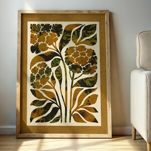 Stampa botanica astratta, arte murale floreale retrò nei toni della terra - Forme organiche di metà secolo in stile vintage con opzione passepartout verde o marrone