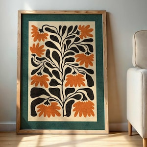 Arte de parede floral retrô – Impressão botânica abstrata estilo Matisse em laranja queimado e azul-petróleo, pôster moderno de meados do século, decoração boho vintage para casa