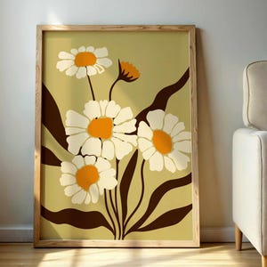 Stampa retrò di margherite - Arte murale floreale vintage nei toni della terra, poster botanico in stile Matisse, arte murale boho di metà secolo per un arredamento neutro.