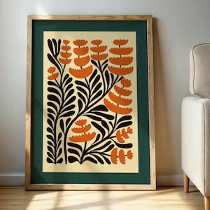 Retro Floral Wall Art – Abstract Botanical Print in Burnt Orange & Teal, Mid Century Modern Matisse Style Poster for Boho and Vintage Decor