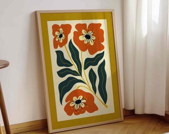70s Retro Floral Print: Mid Century Modern Botanical Wall Art, Vibrant Home Decor