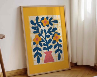Retro Floral Wall Art: Mid-Century Modern Flower Print, Vintage 70s Decor