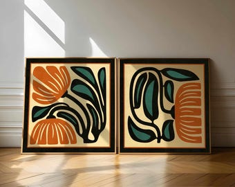 Retro Floral Print Set: Burnt Orange & Teal Botanical Art, Mid-Century Modern Boho Decor