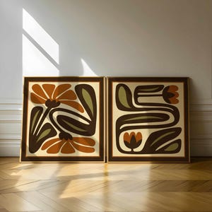 Retro Blumen Print Set: Olive & Rust Botanische Kunst, Mid-Century Modern Boho Dekor