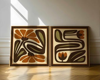Retro Floral Print Set: Olive & Rust Botanical Art, Mid-Century Modern Boho Decor