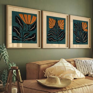Juego de 3 cuadros de arte mural floral retro abstracto, conjunto de galería de pared de mediados de siglo, decoración de los años 70, láminas artísticas modernas, arte mural MCM, láminas de Matisse