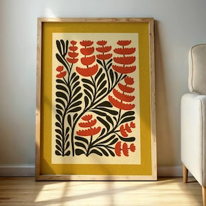 Retro Floral Wall Art – Abstract Botanical Print in Red & Mustard, Mid Century Modern Matisse Style Poster for Boho and Vintage Decor