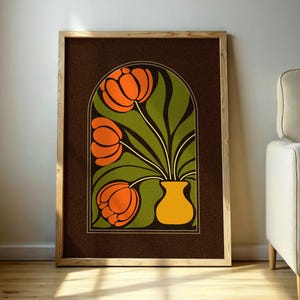 Imprimé floral de tulipes abstraites dans un style moderne Mid-Century rétro des années 70 : décoration murale vintage groovy avec des couleurs vives pour créer une ambiance rétro.