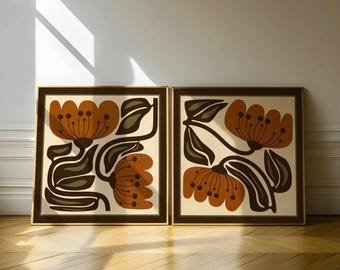 Retro Floral Print Set: Terracotta & Olive Botanical Art, Mid-Century Modern Boho Decor