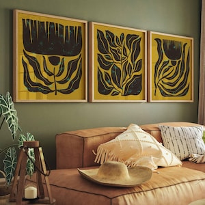 Juego de 3 piezas de arte mural floral abstracto de mediados de siglo, estampados florales estéticos de los años 70, formas orgánicas retro, arte botánico vintage, láminas de Matisse de McMillan