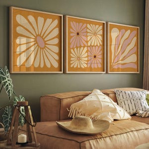 Set di 3 stampe da parete floreali retrò, stampe botaniche ispirate a Matisse in colori pastello, decorazioni da parete vintage in stile anni '70, decorazioni moderne di metà secolo