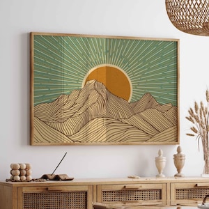 Lámina de paisaje de montaña retro: arte mural de naturaleza en tonos verde azulado y mostaza, decoración de mediados de siglo.