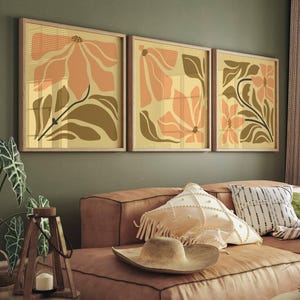 Juego de 3 cuadros florales retro para pared, impresiones botánicas abstractas inspiradas en Matisse: pósteres vintage con estética de los años 70 para decoración de mediados de siglo y estilo bohemio.