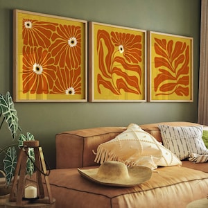 Juego de 3 cuadros florales retro coloridos para pared, arte de mediados de siglo, galería estética de los años 70, láminas de Matisse, arte floral para pared, MCM Decor