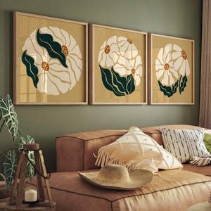 Juego de 3 cuadros florales retro para pared, impresiones botánicas abstractas inspiradas en Matisse: pósteres vintage con estética de los años 70 para decoración de mediados de siglo y estilo bohemio.