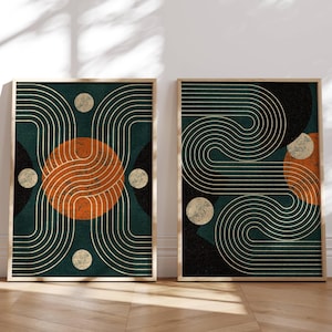 Abstrakte Mid Century Wandkunst, Set 2 Geometrische Poster, Minimalistische Japandi Print Set, Bauhaus Wandkunst für Moderne Wohnkultur