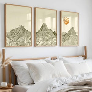 Minimalist Mountain Triptych: Japandi Landscape Print Set, Calm Nature Wall Decor