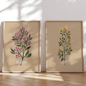 Wildblumen Wandkunst, 2er-Set Drucke, Botanische Drucke, Florale Wandkunst, Cottagecore Dekor, gepresste Blumen, Galeriewandset Vintage Stil