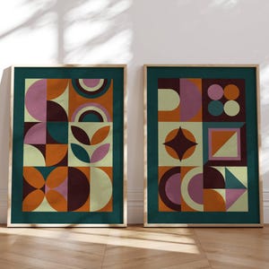 Abstrakte geometrische Wandkunst, Mid Century Modern Bauhaus Prints - Buntes Boho Retro Poster-Set in Petrol, Orange & Pflaume