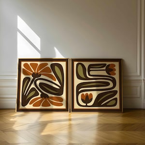 Retro bloemenprintset: olijf- en roestbotanische kunst, modern bohodecor uit het midden van de eeuw