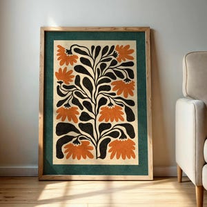 Art mural floral rétro - impression botanique abstraite de style Matisse en orange brûlé et bleu sarcelle, affiche moderne du milieu du siècle, décoration d'intérieur bohème vintage
